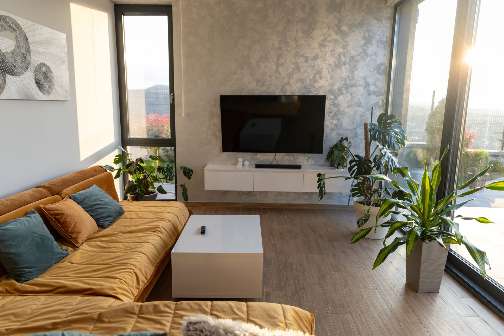 Modern Living Room with Large Windows and Cozy Fireplace