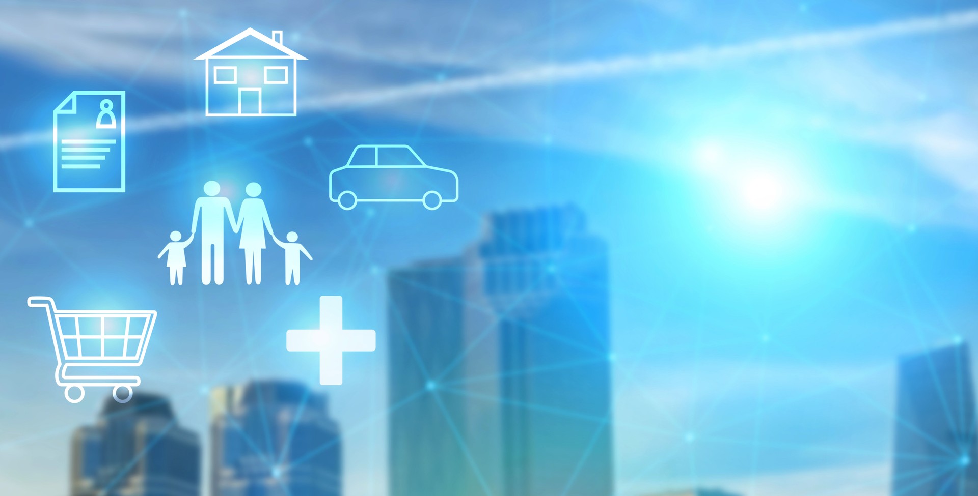 Insurance concept. Home insurance, life insurance, car insurance, medical insurance icons with cityscape background